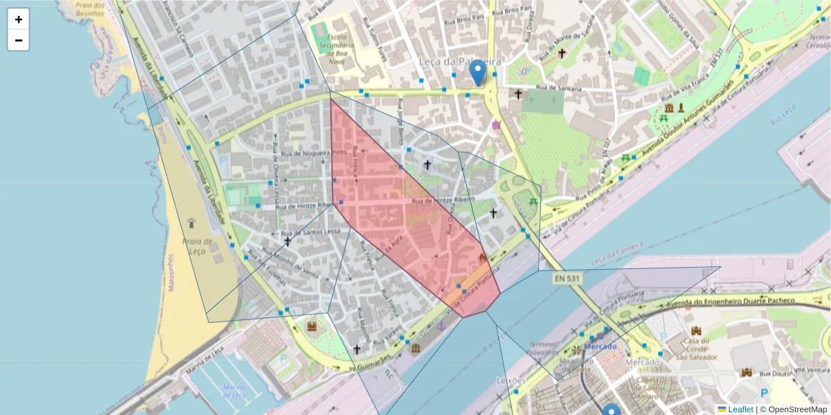 Mapa detalhado do código postal 4450-691 com limites, códigos postais vizinhos e agências dos correios