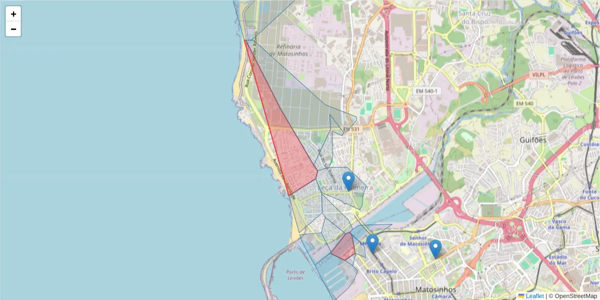 Mapa detalhado do código postal 4450-718 com limites, códigos postais vizinhos e agências dos correios