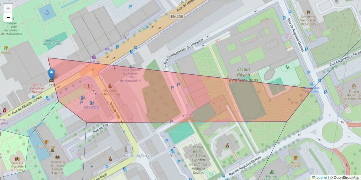 Mapa detalhado do código postal 4454-505 com limites, códigos postais vizinhos e agências dos correios