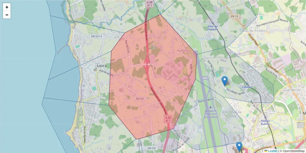 Mapa detalhado do código postal 4455-089 com limites, códigos postais vizinhos e agências dos correios