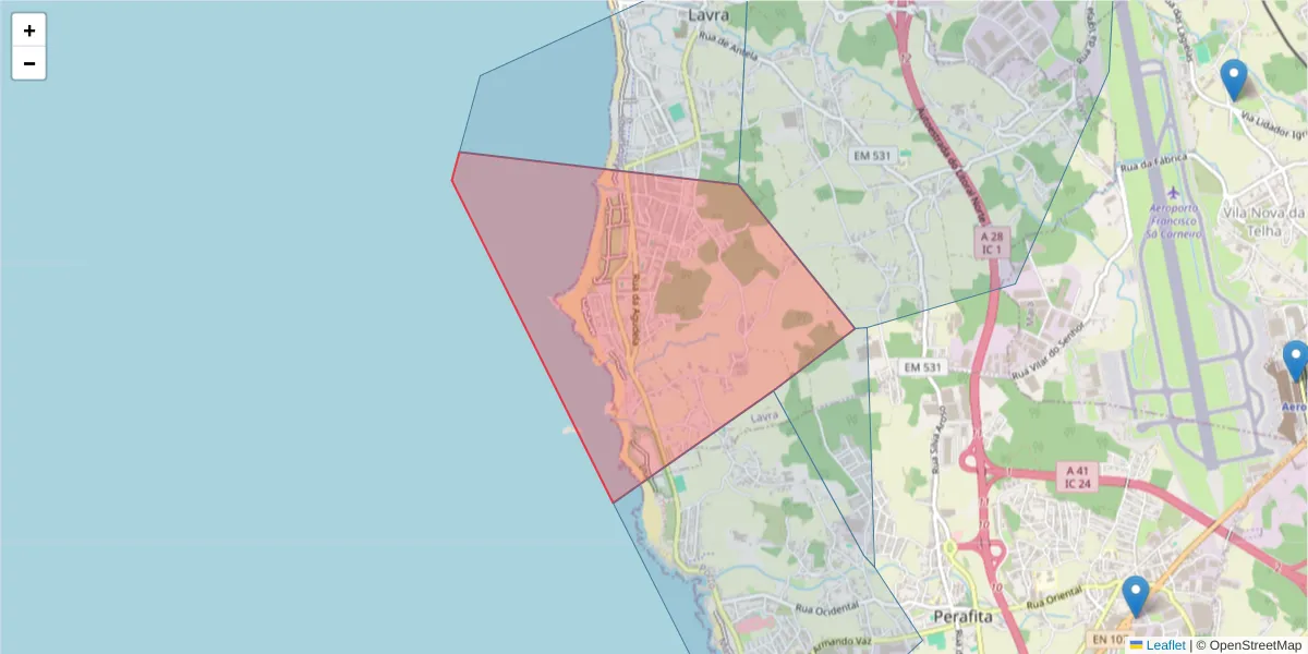 Mapa detalhado do código postal 4455-237 com limites, códigos postais vizinhos e agências dos correios
