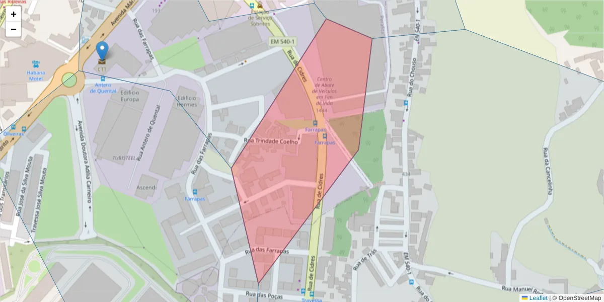 Mapa detalhado do código postal 4455-422 com limites, códigos postais vizinhos e agências dos correios