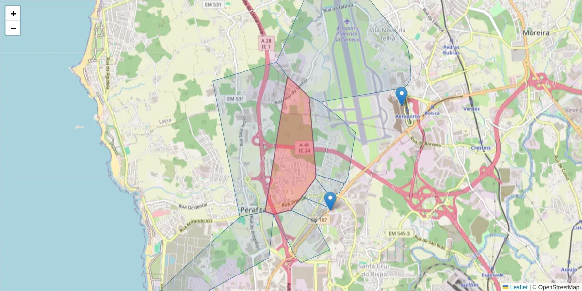 Mapa detalhado do código postal 4455-452 com limites, códigos postais vizinhos e agências dos correios