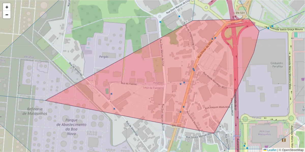 Mapa detalhado do código postal 4455-520 com limites, códigos postais vizinhos e agências dos correios