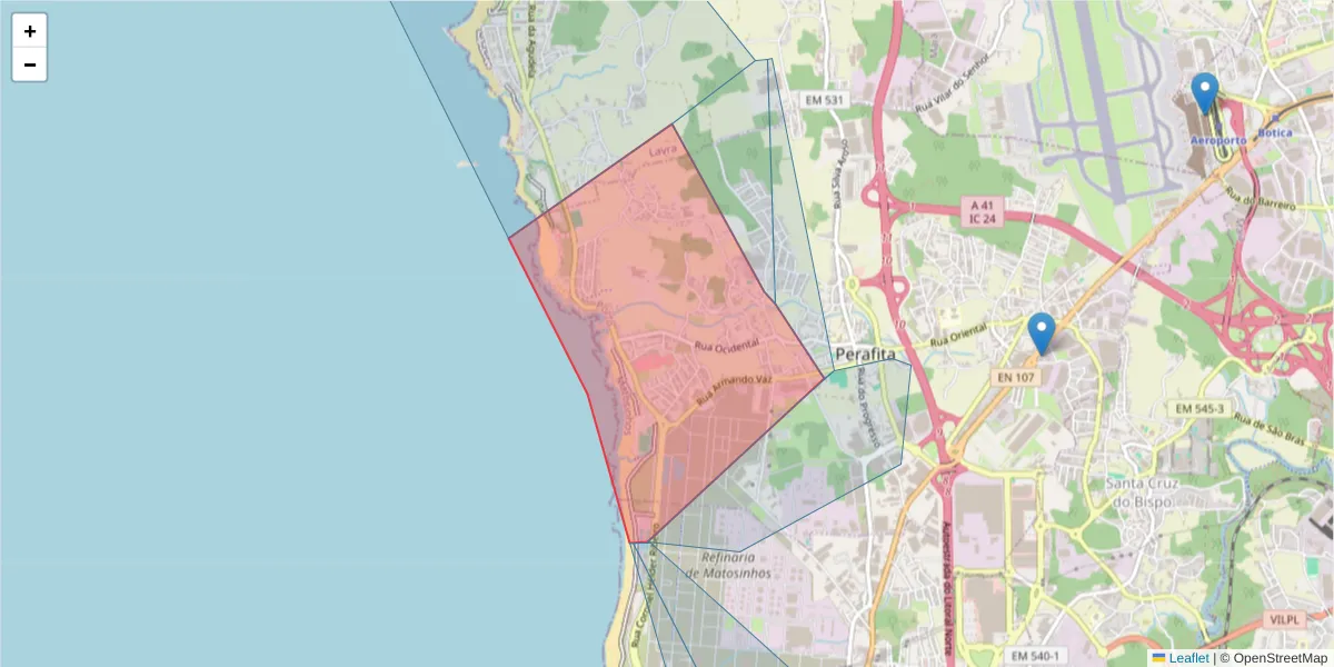 Mapa detalhado do código postal 4455-550 com limites, códigos postais vizinhos e agências dos correios