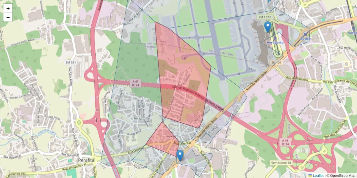 Mapa detalhado do código postal 4455-584 com limites, códigos postais vizinhos e agências dos correios