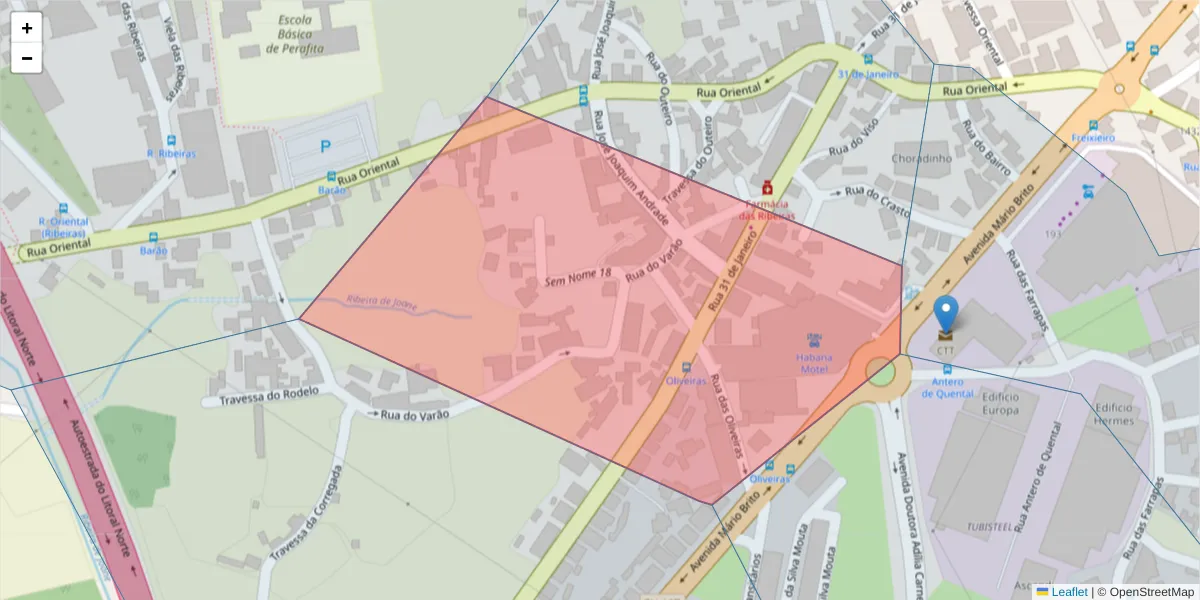 Mapa detalhado do código postal 4455-585 com limites, códigos postais vizinhos e agências dos correios
