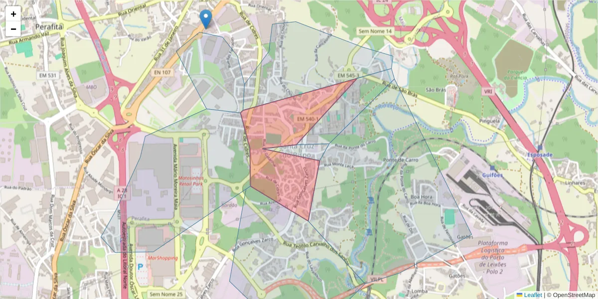 Mapa detalhado do código postal 4455-827 com limites, códigos postais vizinhos e agências dos correios