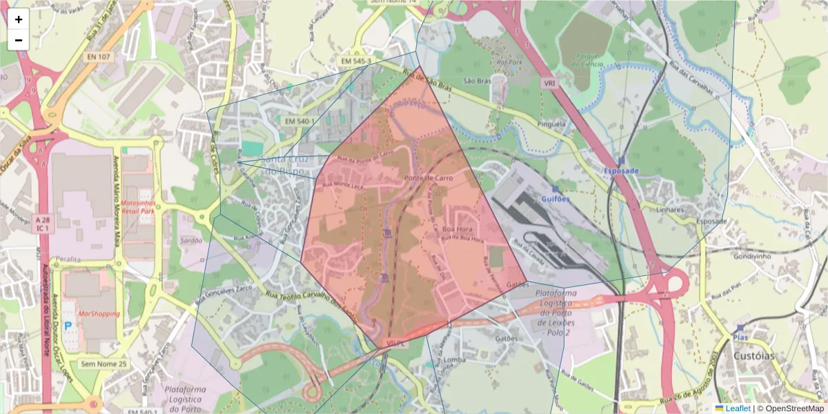 Mapa detalhado do código postal 4455-844 com limites, códigos postais vizinhos e agências dos correios