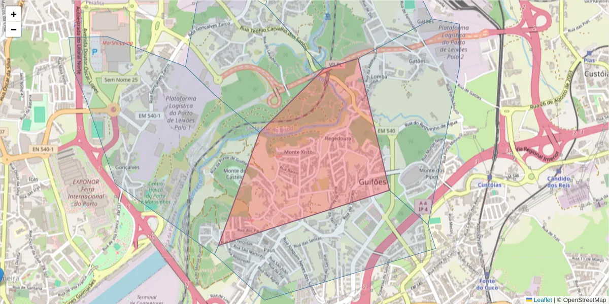 Mapa detalhado do código postal 4460-033 com limites, códigos postais vizinhos e agências dos correios