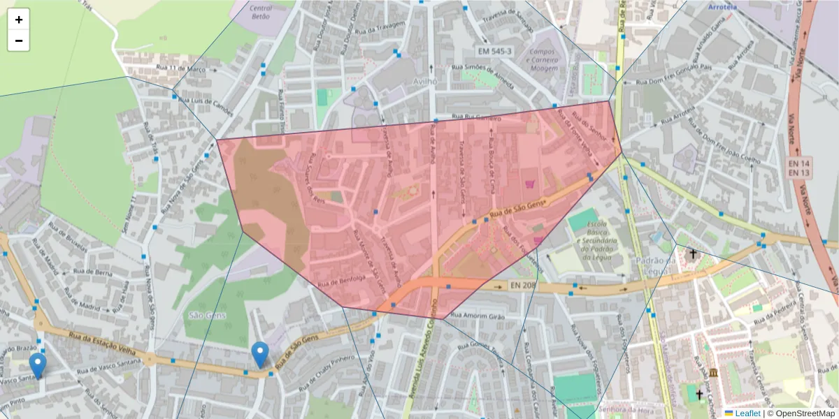 Mapa detalhado do código postal 4460-082 com limites, códigos postais vizinhos e agências dos correios