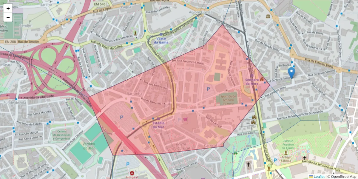 Mapa detalhado do código postal 4460-237 com limites, códigos postais vizinhos e agências dos correios