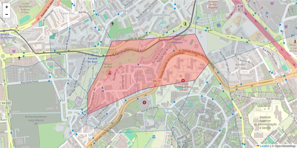 Mapa detalhado do código postal 4460-262 com limites, códigos postais vizinhos e agências dos correios