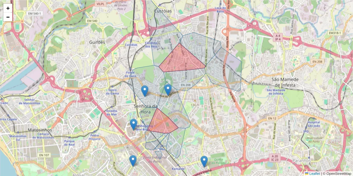 Mapa detalhado do código postal 4460-282 com limites, códigos postais vizinhos e agências dos correios