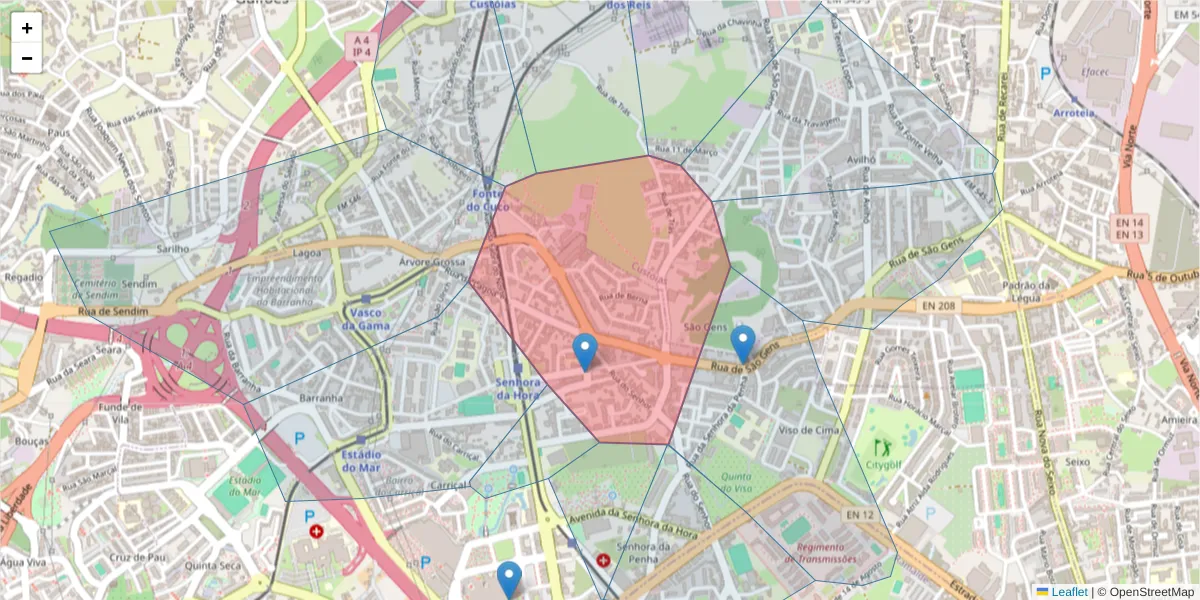 Mapa detalhado do código postal 4460-391 com limites, códigos postais vizinhos e agências dos correios