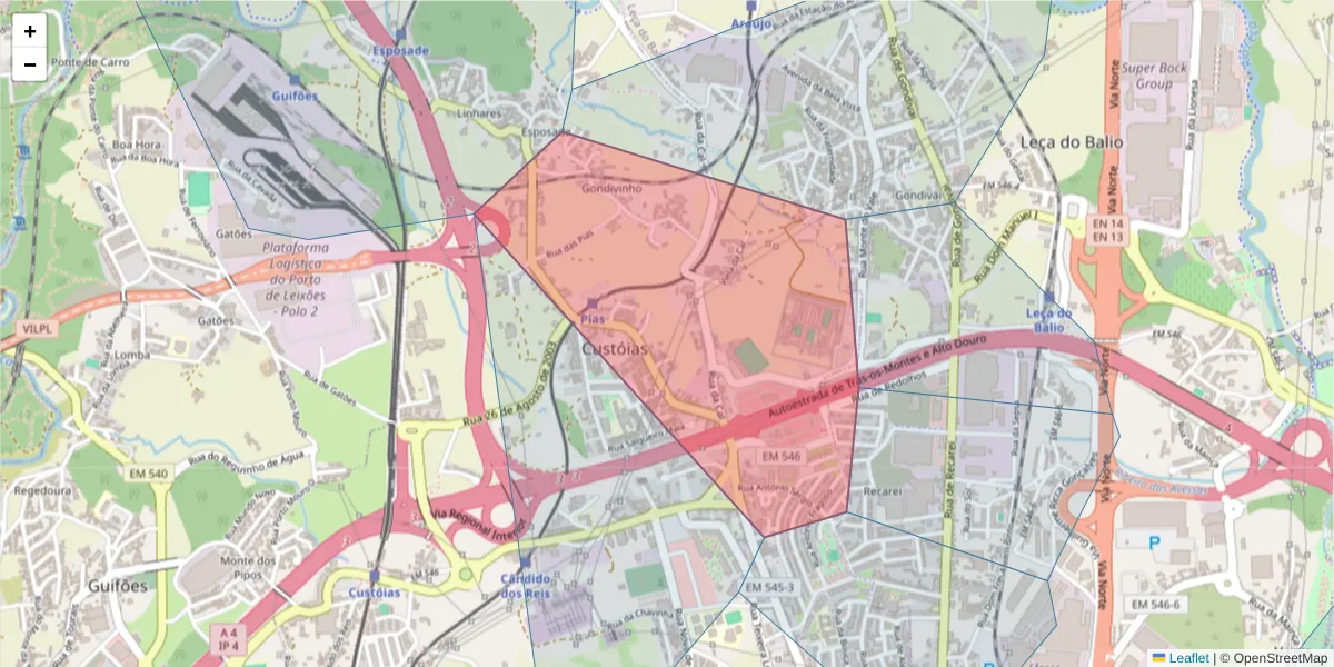 Mapa detalhado do código postal 4460-739 com limites, códigos postais vizinhos e agências dos correios