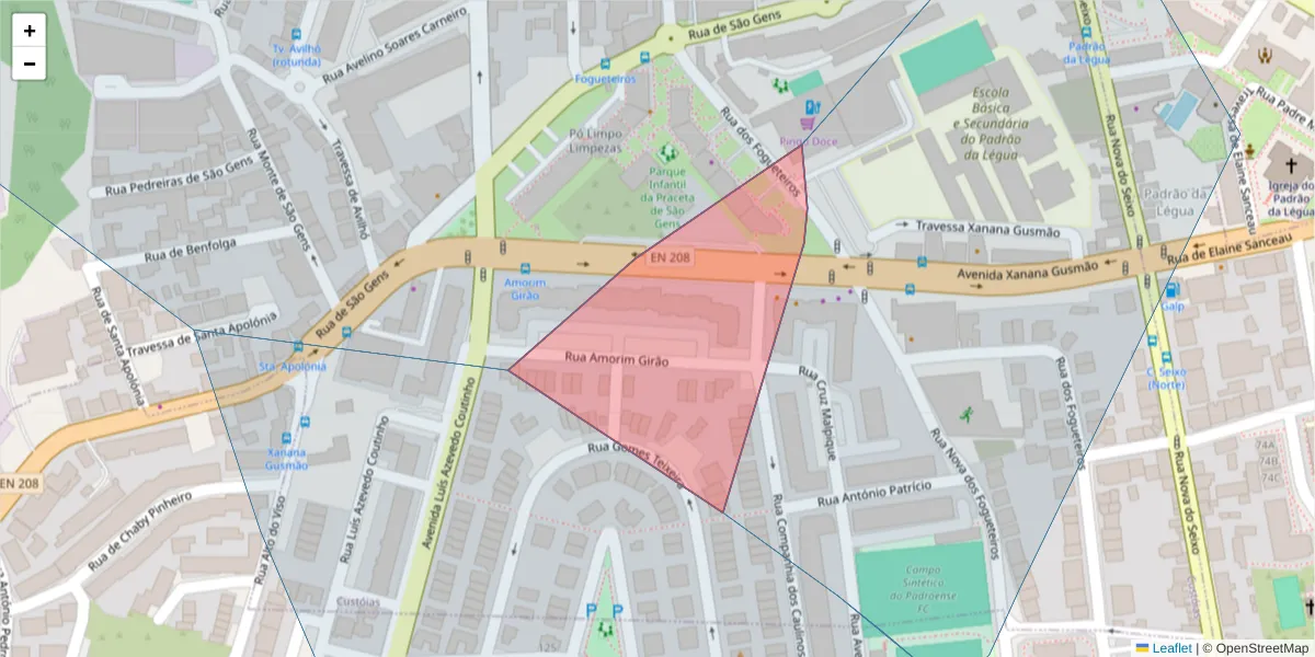 Mapa detalhado do código postal 4460-805 com limites, códigos postais vizinhos e agências dos correios