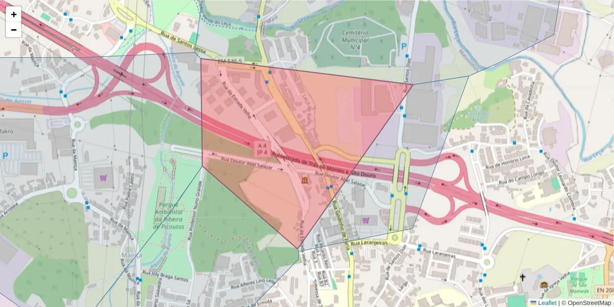Mapa detalhado do código postal 4465-012 com limites, códigos postais vizinhos e agências dos correios