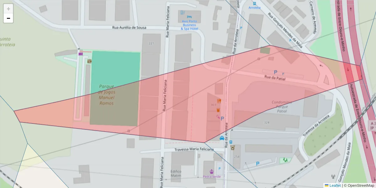 Mapa detalhado do código postal 4465-027 com limites, códigos postais vizinhos e agências dos correios