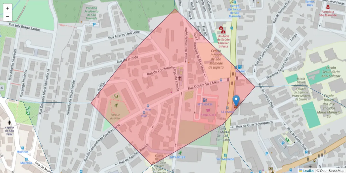 Mapa detalhado do código postal 4465-085 com limites, códigos postais vizinhos e agências dos correios