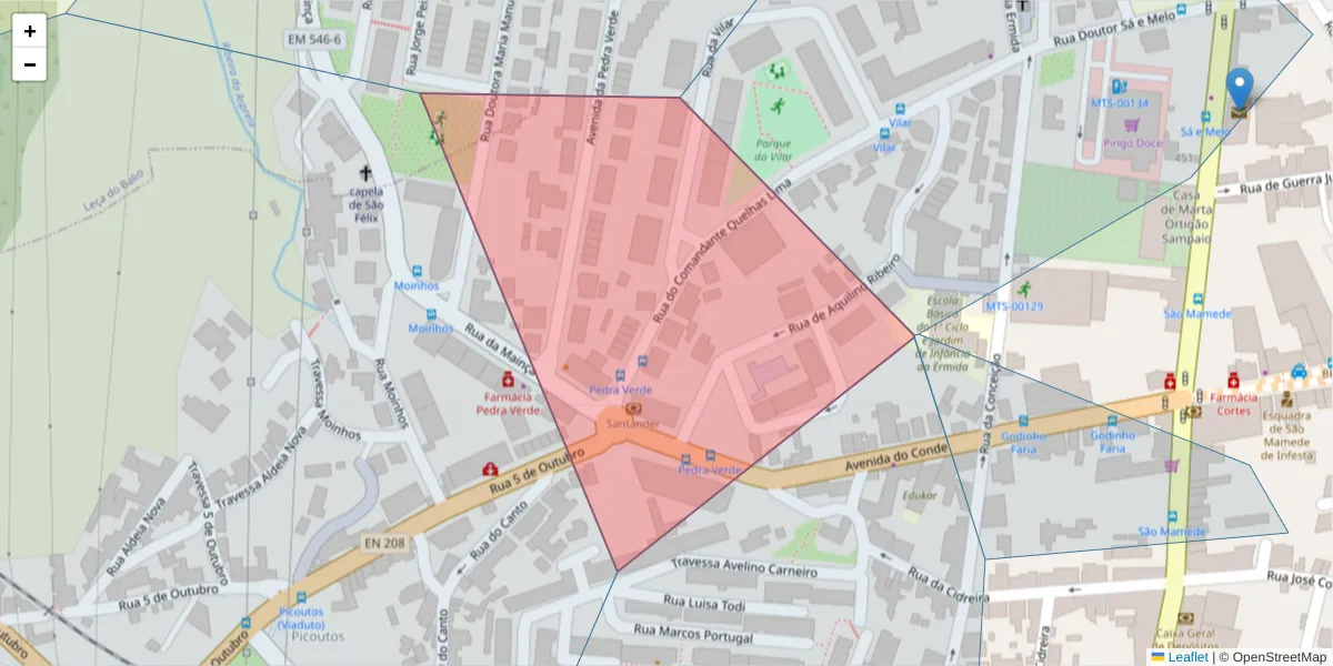 Mapa detalhado do código postal 4465-097 com limites, códigos postais vizinhos e agências dos correios