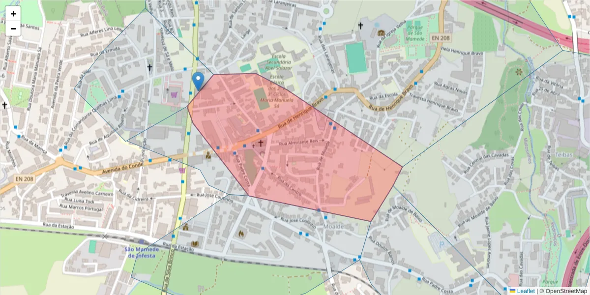 Mapa detalhado do código postal 4465-099 com limites, códigos postais vizinhos e agências dos correios