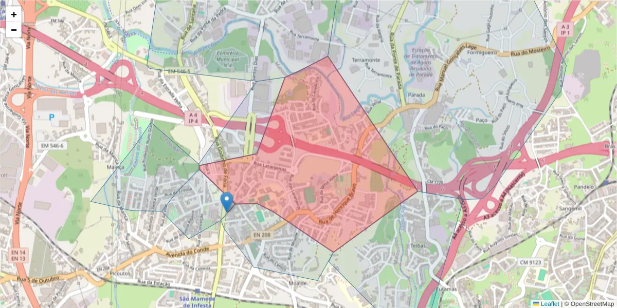 Mapa detalhado do código postal 4465-185 com limites, códigos postais vizinhos e agências dos correios
