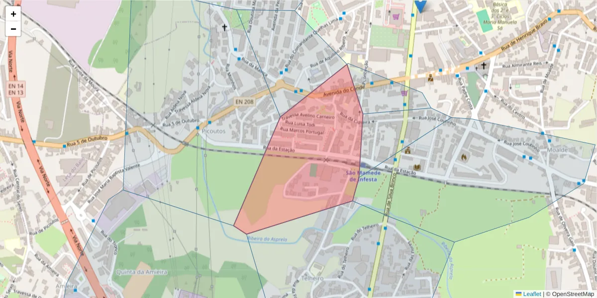 Mapa detalhado do código postal 4465-196 com limites, códigos postais vizinhos e agências dos correios