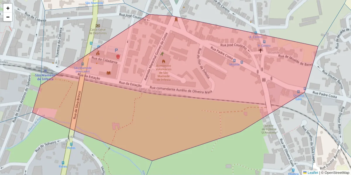 Mapa detalhado do código postal 4465-214 com limites, códigos postais vizinhos e agências dos correios