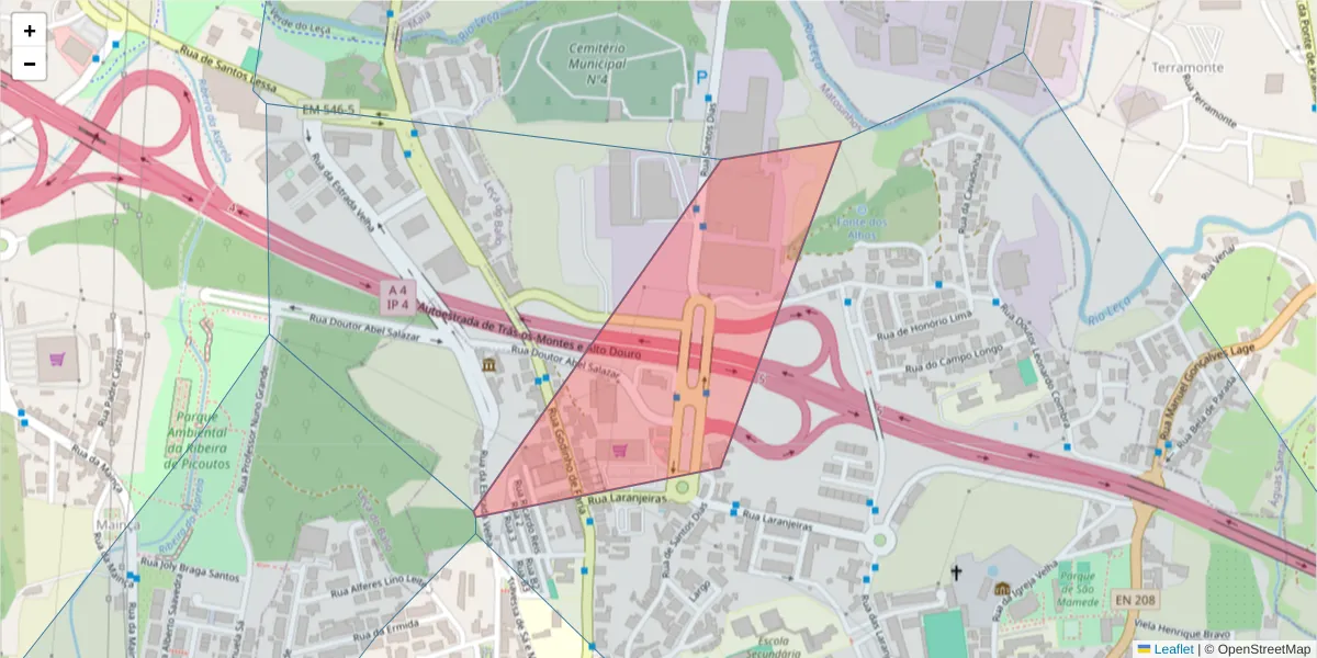Mapa detalhado do código postal 4465-255 com limites, códigos postais vizinhos e agências dos correios
