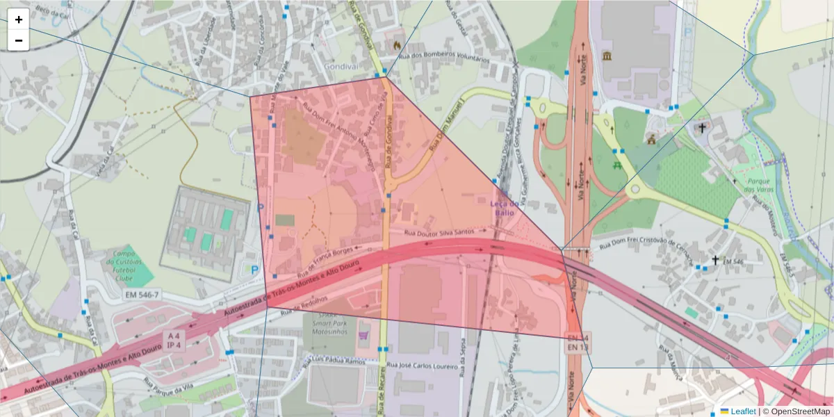 Mapa detalhado do código postal 4465-648 com limites, códigos postais vizinhos e agências dos correios