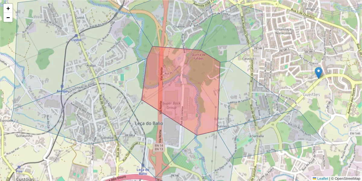 Mapa detalhado do código postal 4465-671 com limites, códigos postais vizinhos e agências dos correios