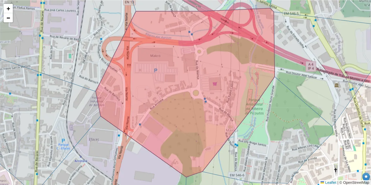 Mapa detalhado do código postal 4465-675 com limites, códigos postais vizinhos e agências dos correios