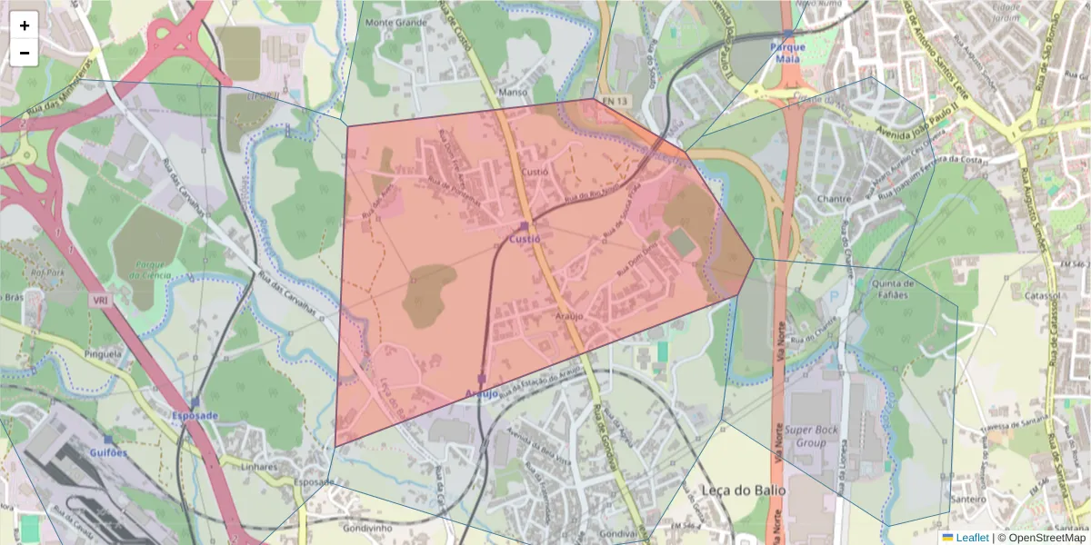 Mapa detalhado do código postal 4465-738 com limites, códigos postais vizinhos e agências dos correios