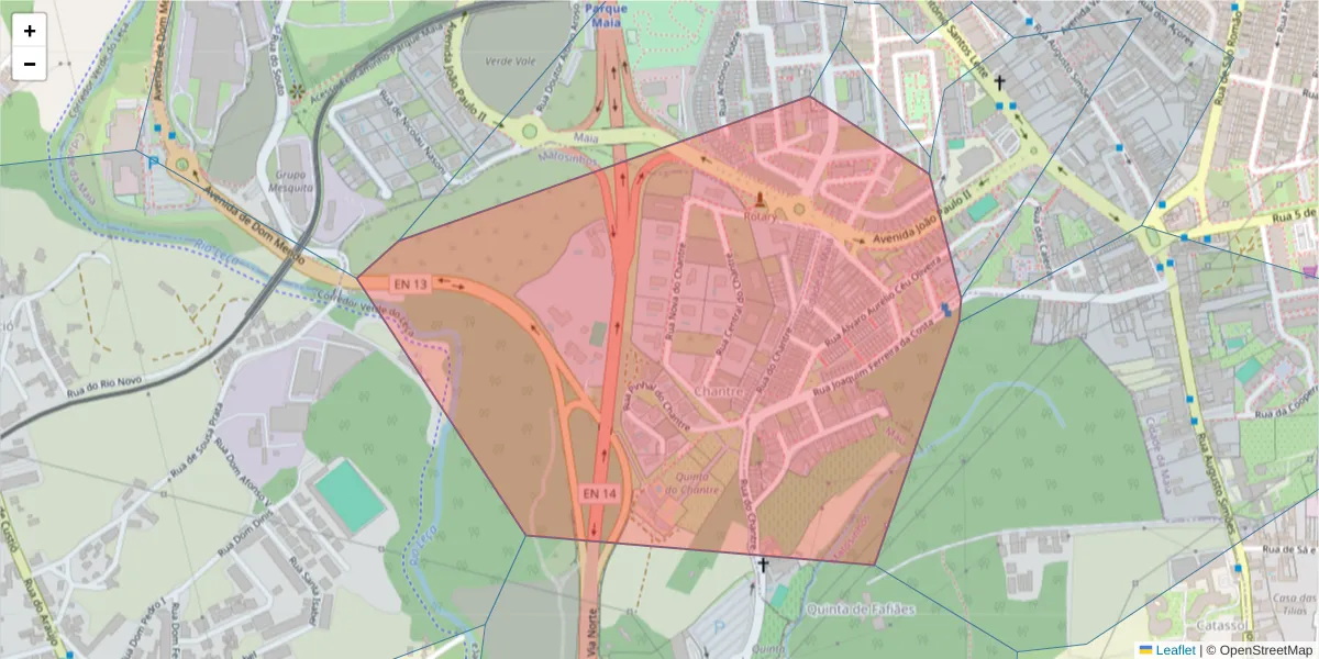Mapa detalhado do código postal 4470-002 com limites, códigos postais vizinhos e agências dos correios