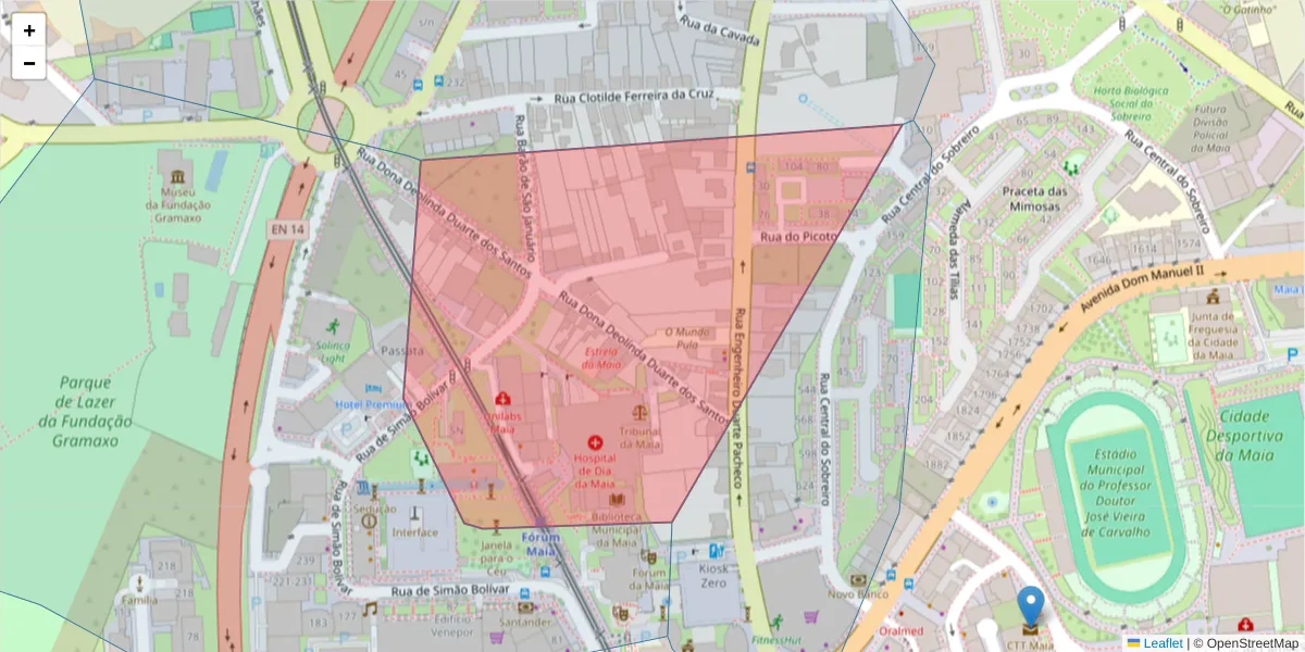 Mapa detalhado do código postal 4470-136 com limites, códigos postais vizinhos e agências dos correios