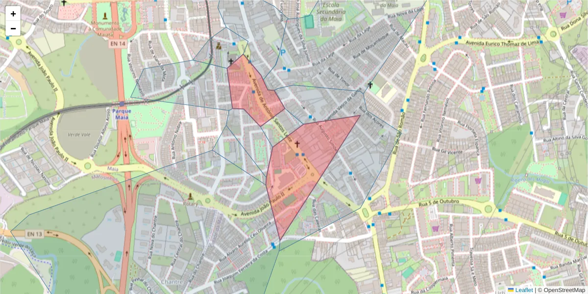 Mapa detalhado do código postal 4470-142 com limites, códigos postais vizinhos e agências dos correios
