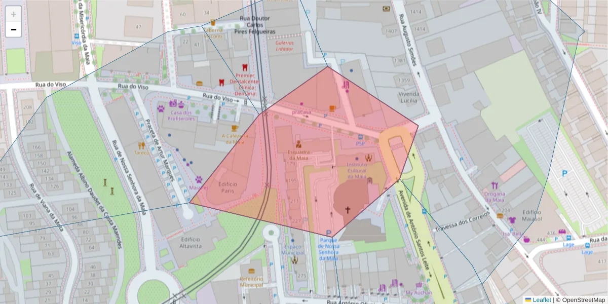 Mapa detalhado do código postal 4470-145 com limites, códigos postais vizinhos e agências dos correios