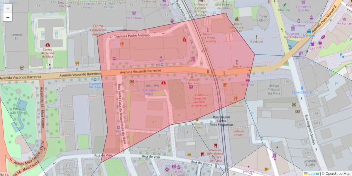 Mapa detalhado do código postal 4470-151 com limites, códigos postais vizinhos e agências dos correios