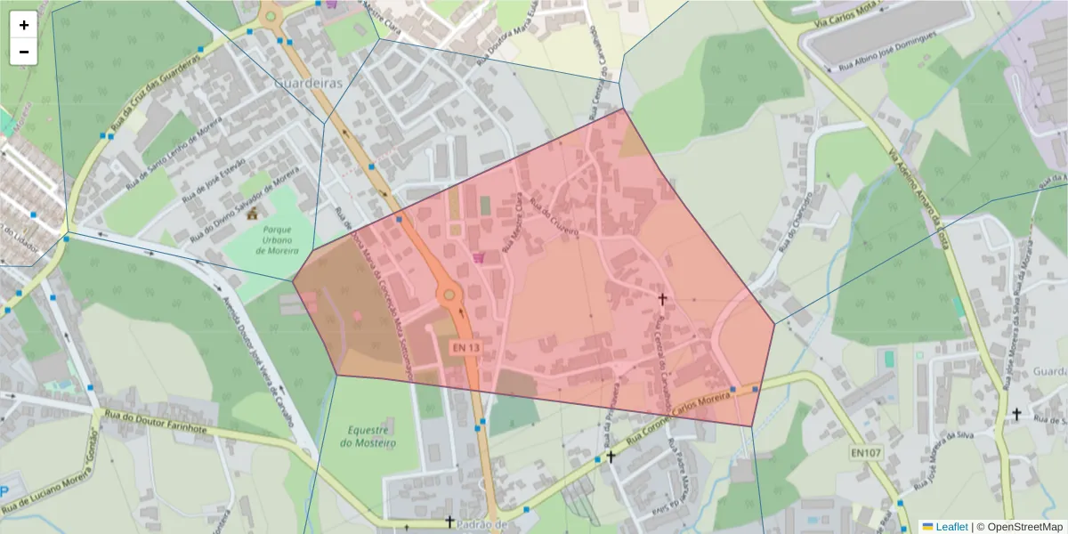 Mapa detalhado do código postal 4470-197 com limites, códigos postais vizinhos e agências dos correios