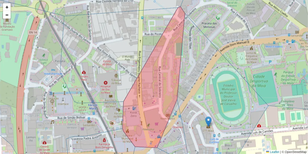 Mapa detalhado do código postal 4470-202 com limites, códigos postais vizinhos e agências dos correios
