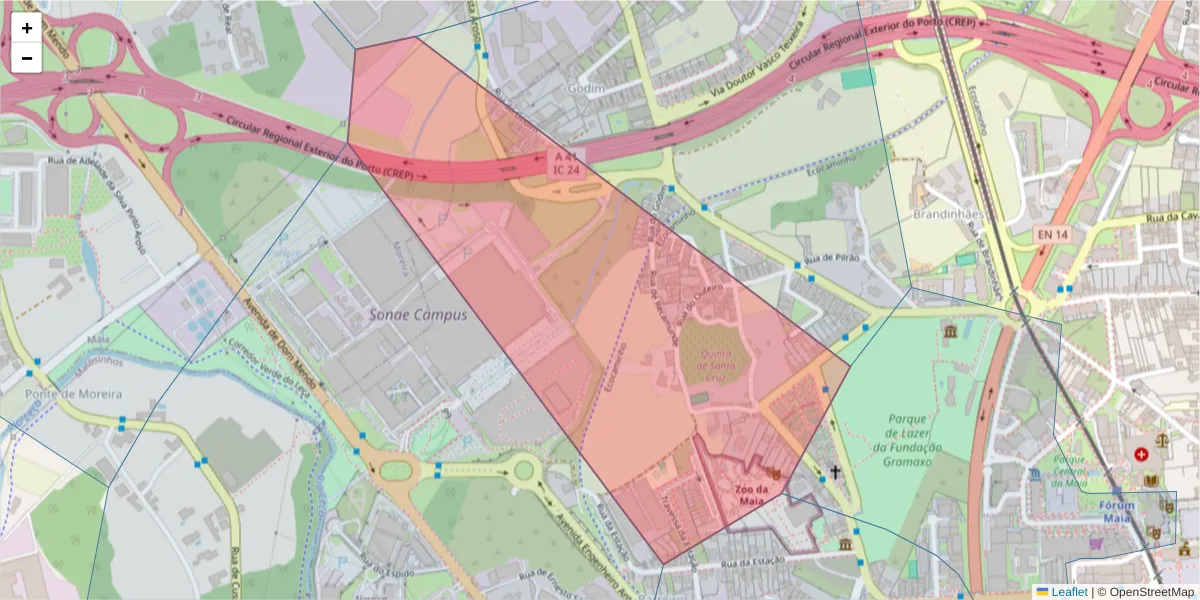 Mapa detalhado do código postal 4470-208 com limites, códigos postais vizinhos e agências dos correios
