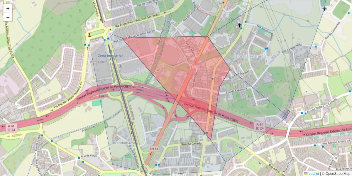 Mapa detalhado do código postal 4470-282 com limites, códigos postais vizinhos e agências dos correios