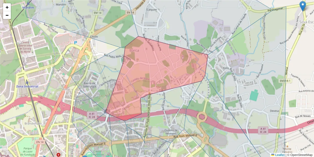 Mapa detalhado do código postal 4470-324 com limites, códigos postais vizinhos e agências dos correios