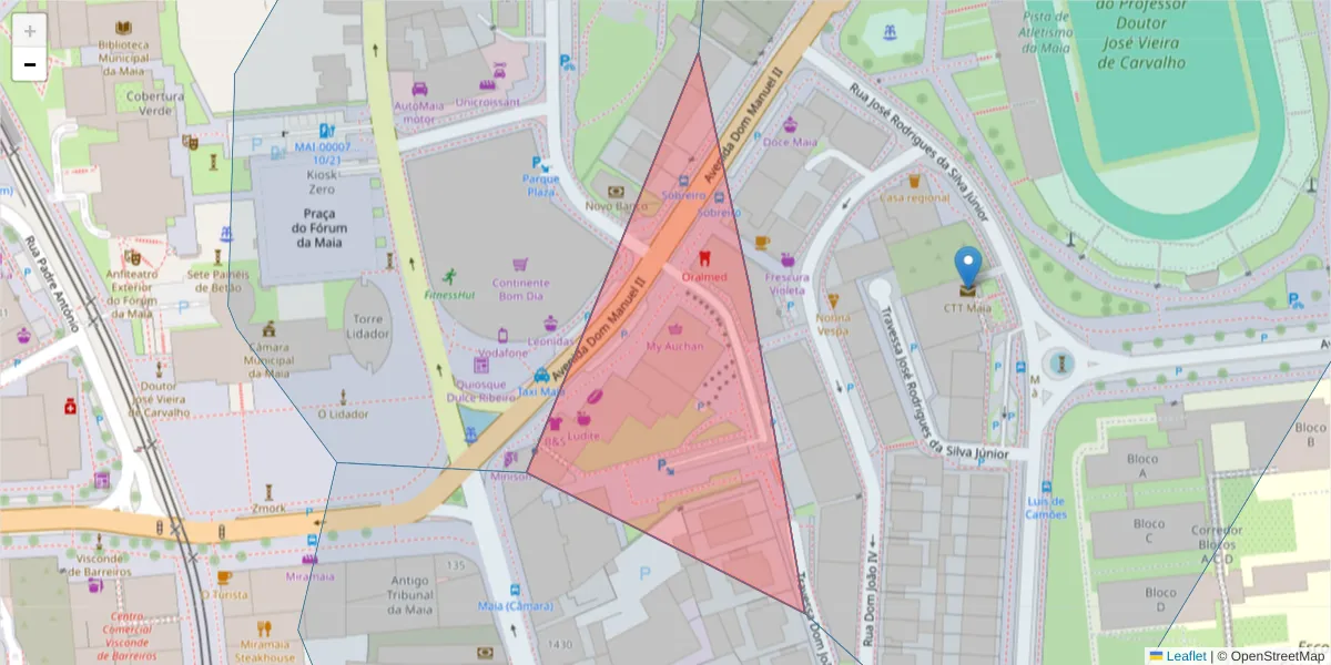 Mapa detalhado do código postal 4470-332 com limites, códigos postais vizinhos e agências dos correios