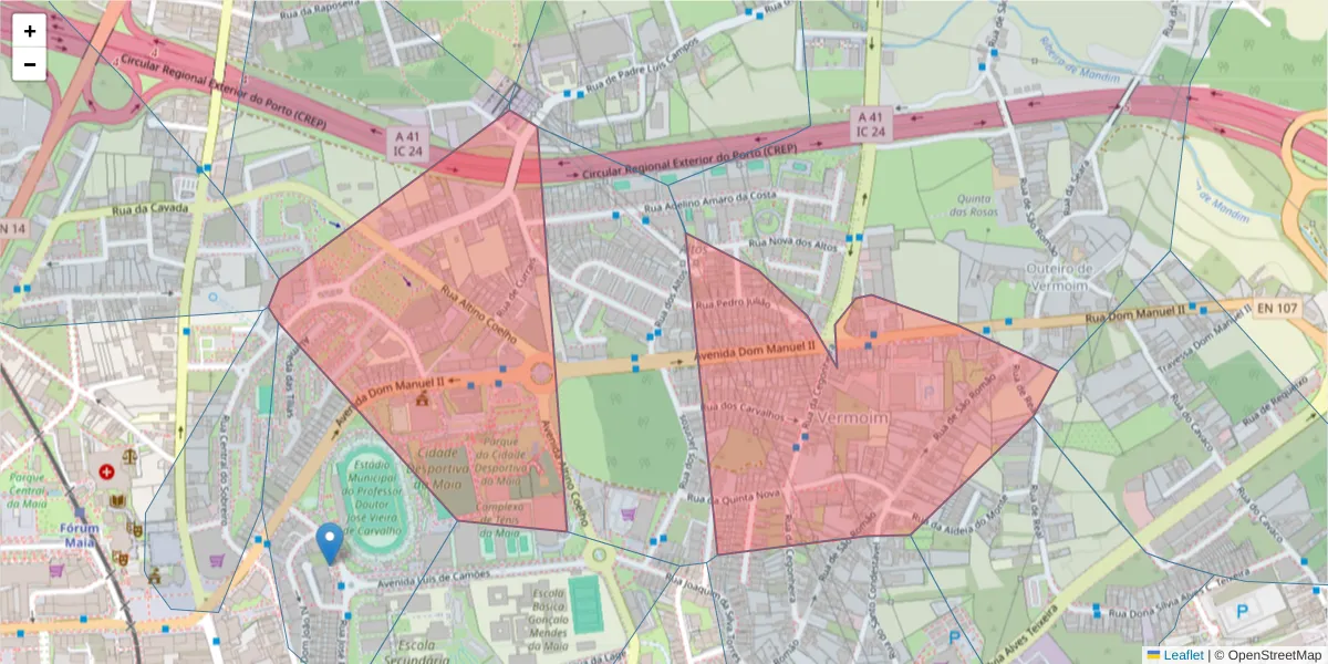 Mapa detalhado do código postal 4470-334 com limites, códigos postais vizinhos e agências dos correios