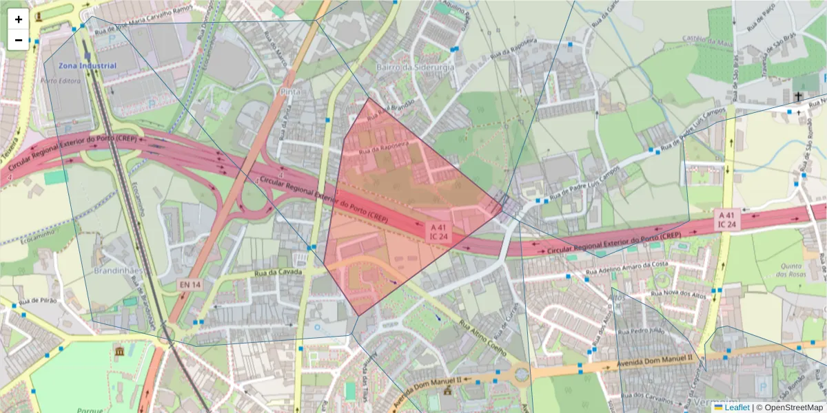 Mapa detalhado do código postal 4470-360 com limites, códigos postais vizinhos e agências dos correios