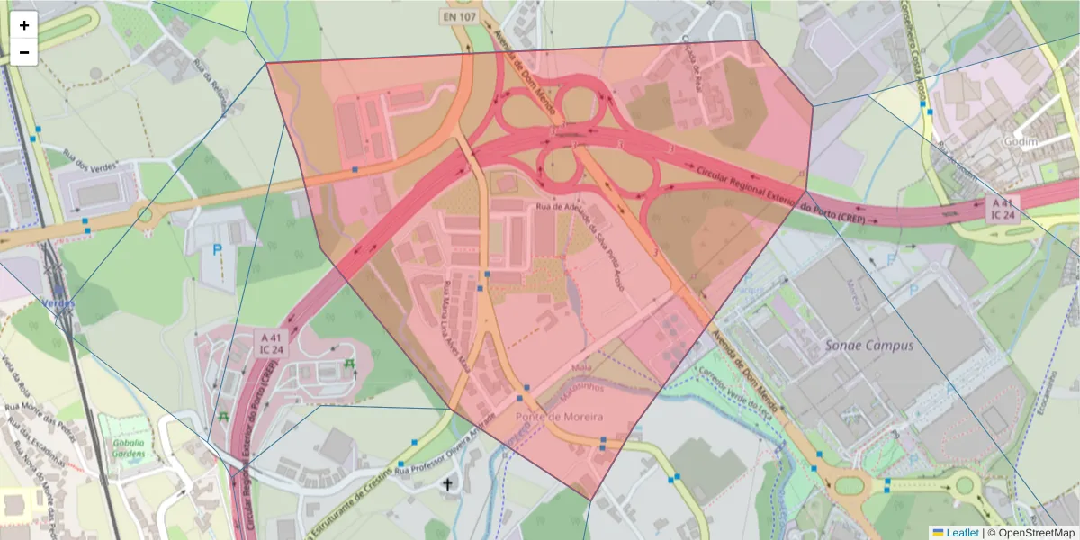 Mapa detalhado do código postal 4470-397 com limites, códigos postais vizinhos e agências dos correios