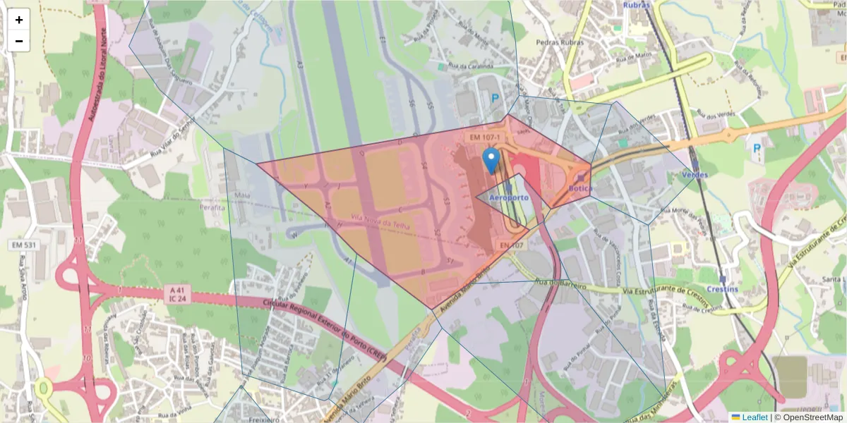 Mapa detalhado do código postal 4470-558 com limites, códigos postais vizinhos e agências dos correios