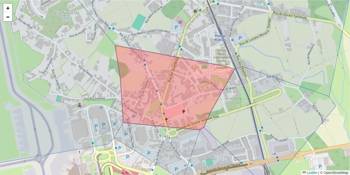 Mapa detalhado do código postal 4470-608 com limites, códigos postais vizinhos e agências dos correios